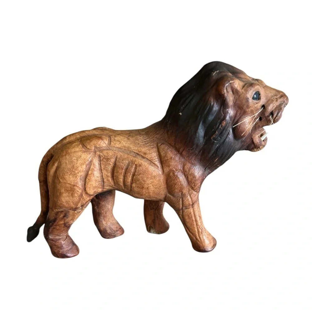 Vintage Leather Lion Elephant Giraffe Statues Figurines Lot Of 3